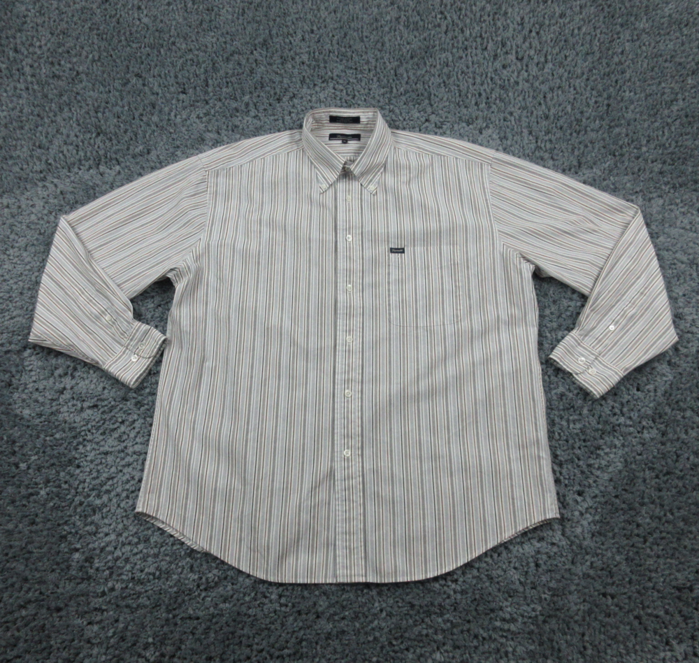 Faconnable Shirt Mens XL White Brown Gray Striped Long Sleeve Button Up